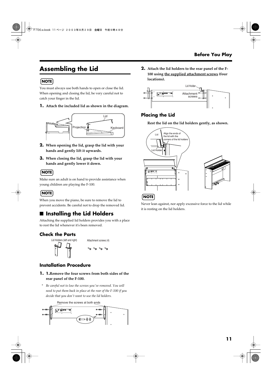 Assembling the lid, Installing the lid holders | Roland F-100 User Manual | Page 11 / 44