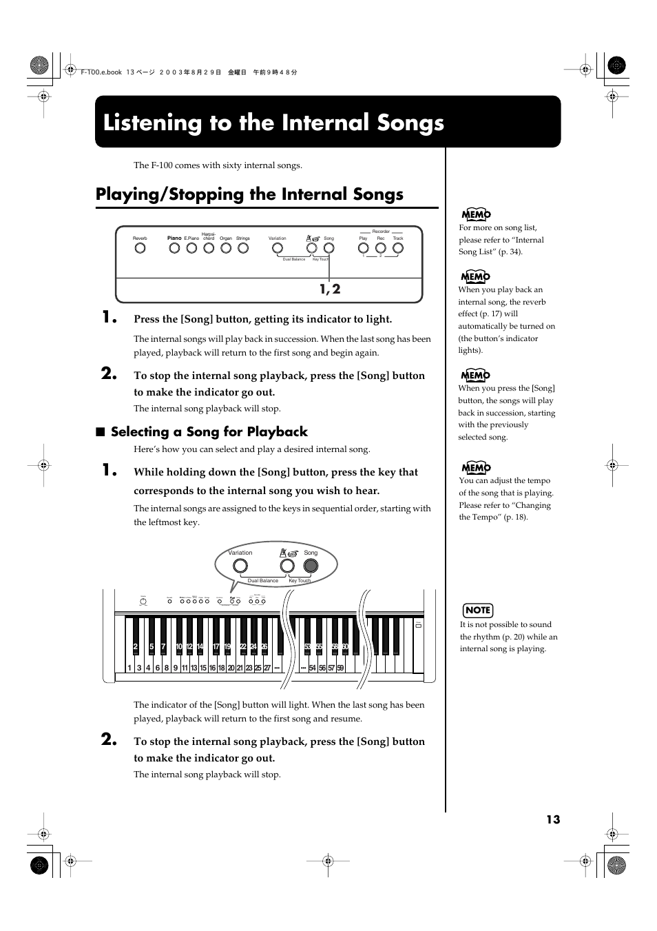 Listening to the internal songs, Playing/stopping the internal songs, Selecting a song for playback | This plays the internal piano songs (p. 13) | Roland F-100 User Manual | Page 13 / 44