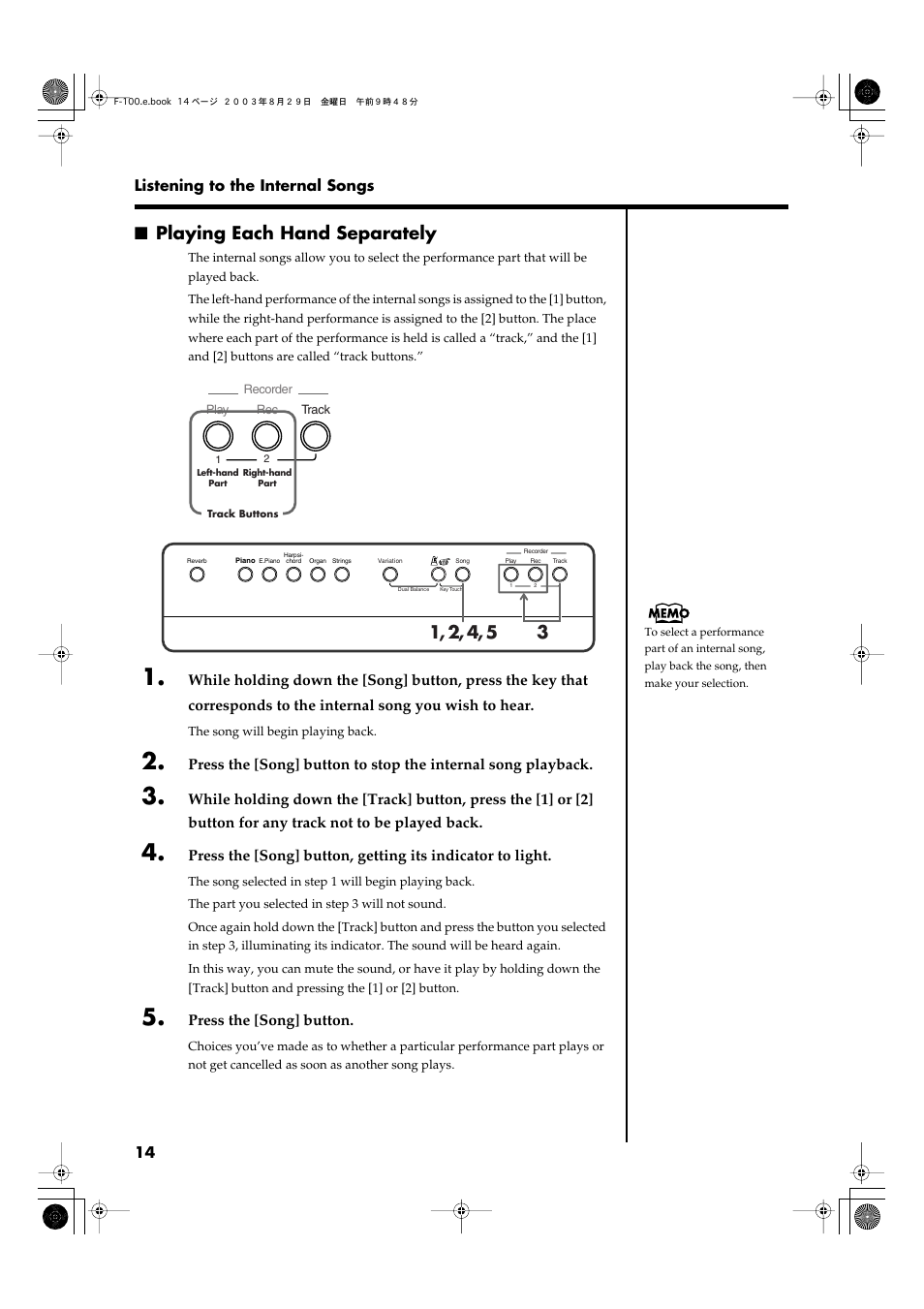 Playing each hand separately, Function as the track [1] button (p. 14), Function as the track [2] button (p. 14) | Roland F-100 User Manual | Page 14 / 44