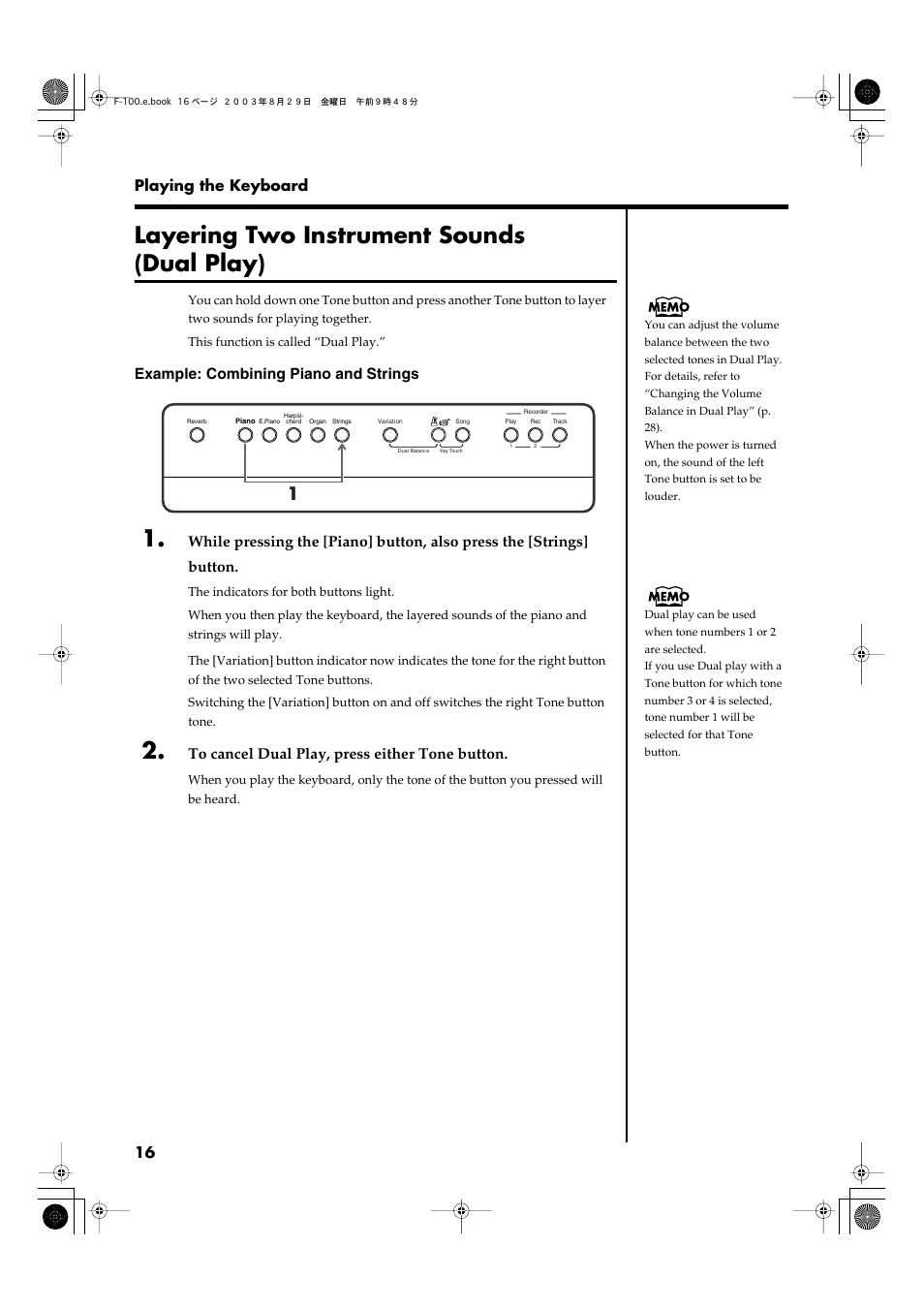 Layering two instrument sounds (dual play) | Roland F-100 User Manual | Page 16 / 44