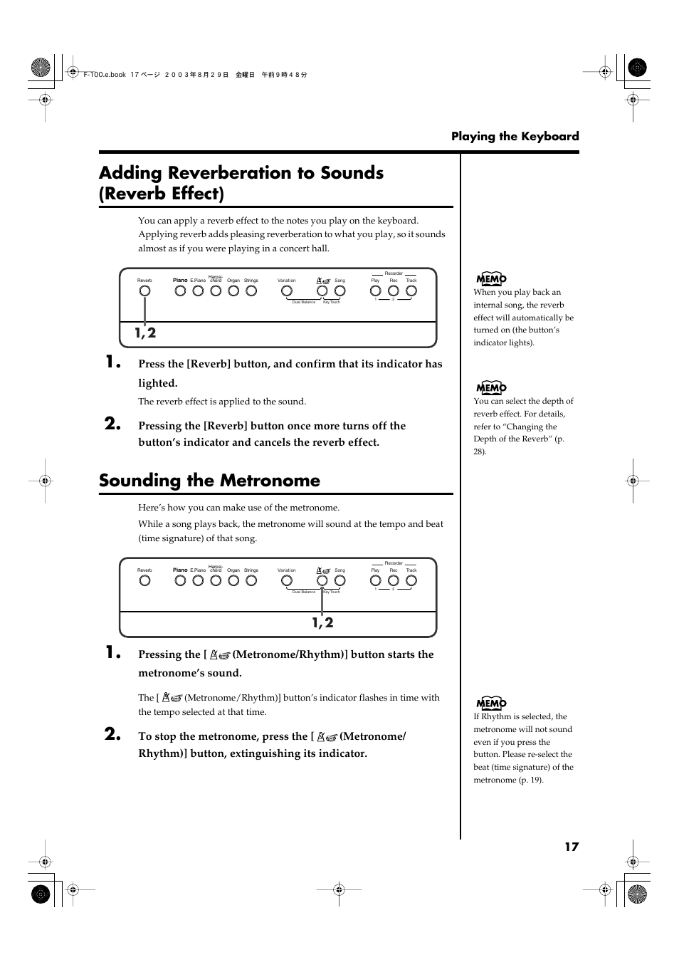 Adding reverberation to sounds (reverb effect), Sounding the metronome, Used to add reverberation to the sound (p. 17) | Effect (p. 17) will | Roland F-100 User Manual | Page 17 / 44