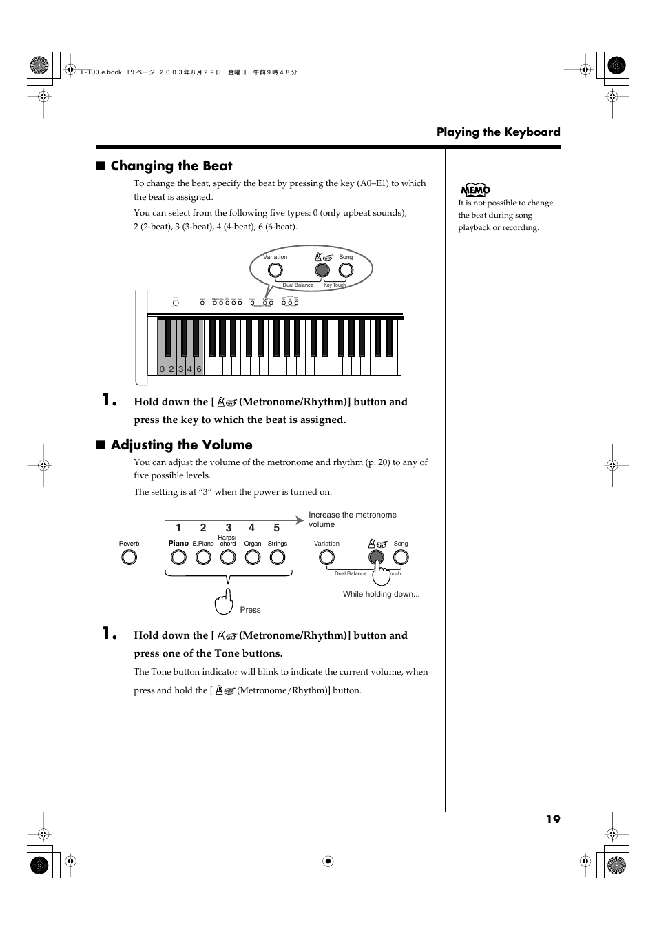 Changing the beat, Adjusting the volume, 19 playing the keyboard | Roland F-100 User Manual | Page 19 / 44