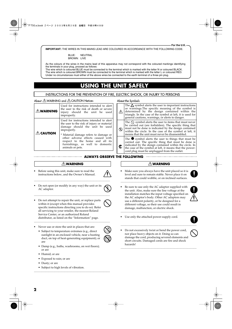 Using the unit safely | Roland F-100 User Manual | Page 2 / 44