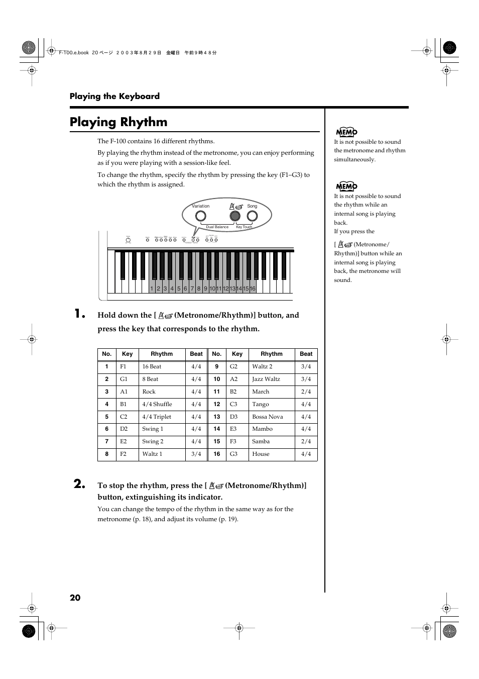 Playing rhythm, The rhythm (p. 20) while an, 20 playing the keyboard | Roland F-100 User Manual | Page 20 / 44