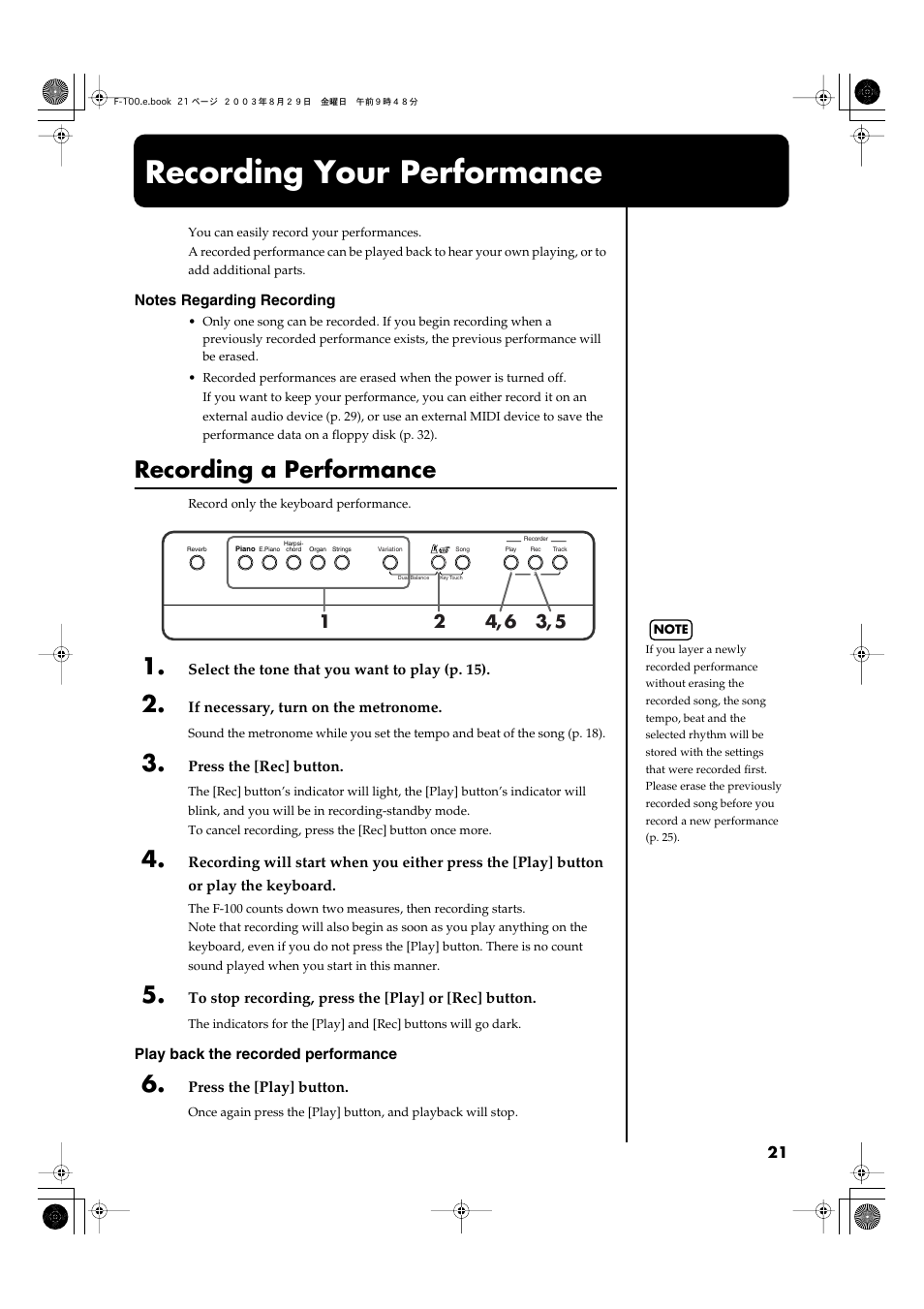 Recording your performance, Recording a performance, Records your performance (p. 21) | Roland F-100 User Manual | Page 21 / 44