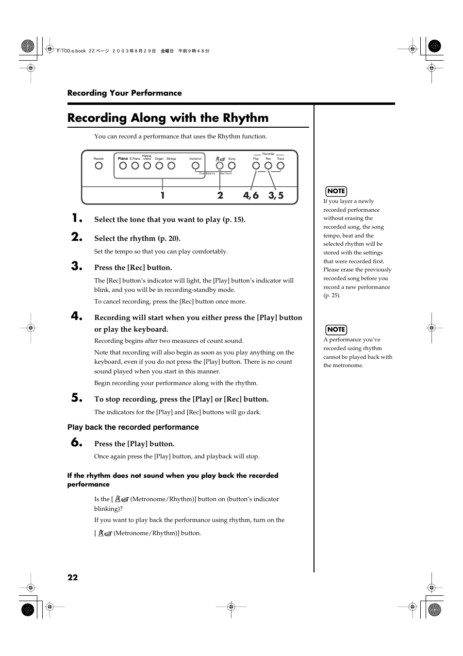 Recording along with the rhythm | Roland F-100 User Manual | Page 22 / 44