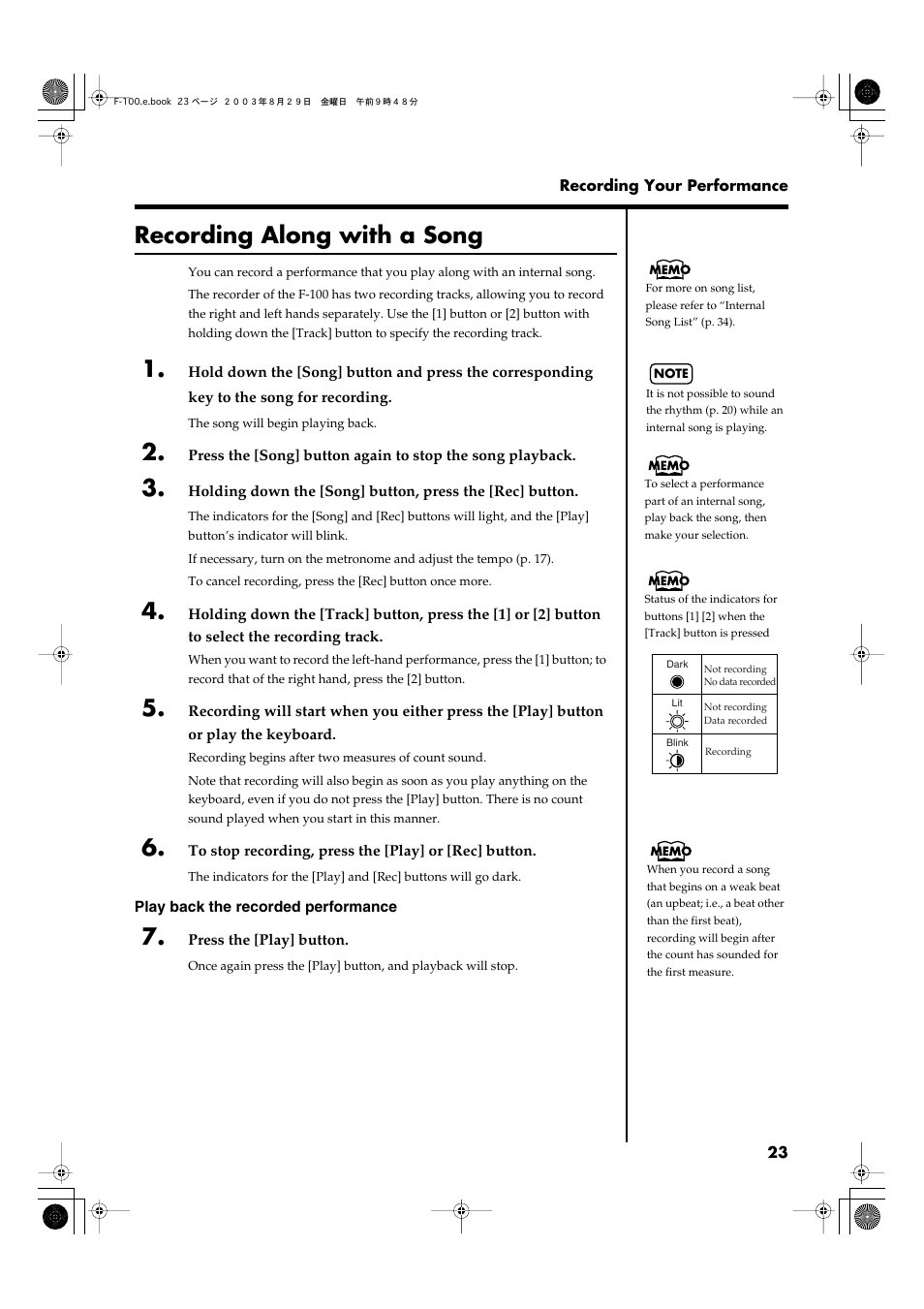 Recording along with a song | Roland F-100 User Manual | Page 23 / 44