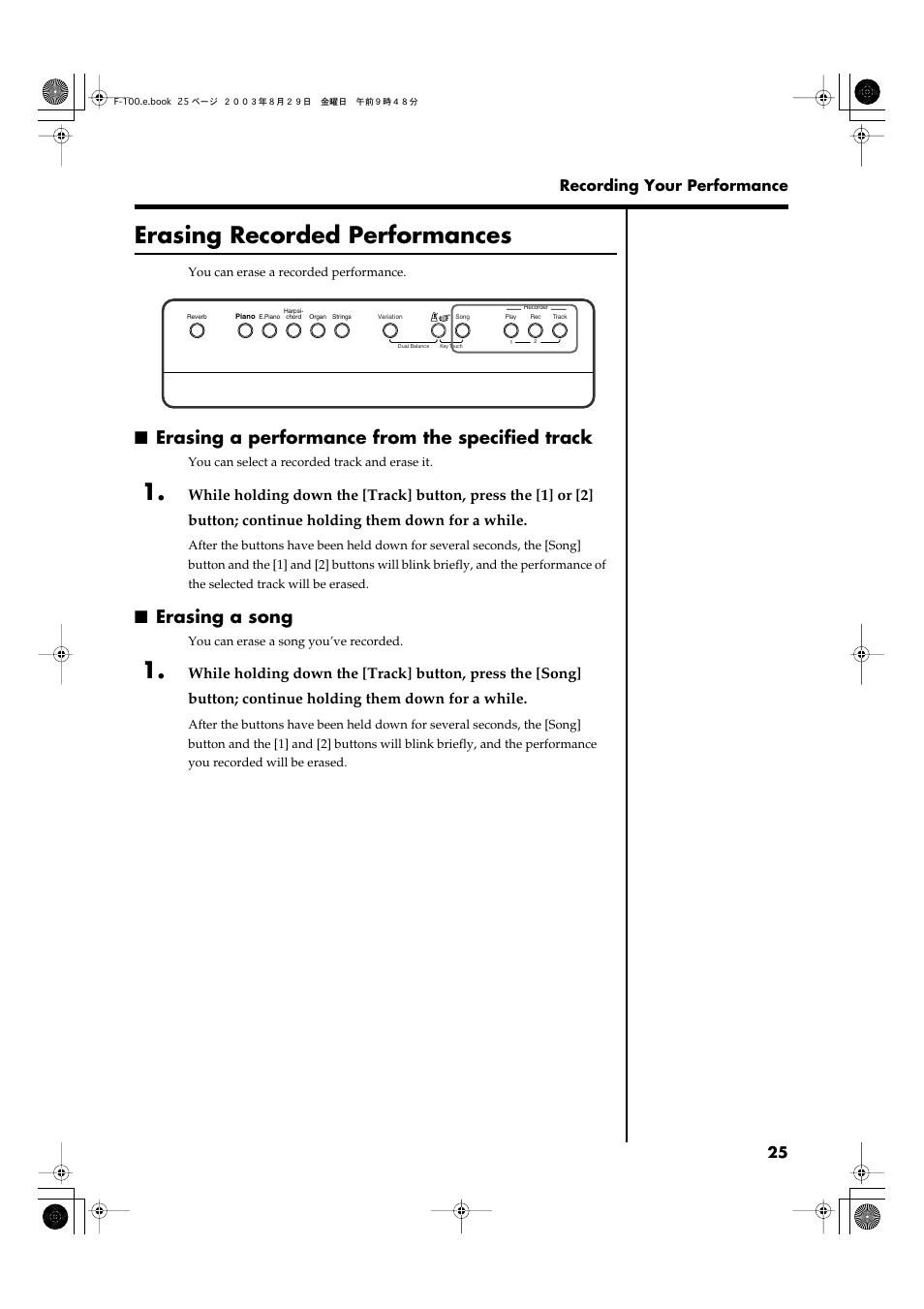 Erasing recorded performances, Erasing a performance from the specified track, Erasing a song | P. 25) | Roland F-100 User Manual | Page 25 / 44