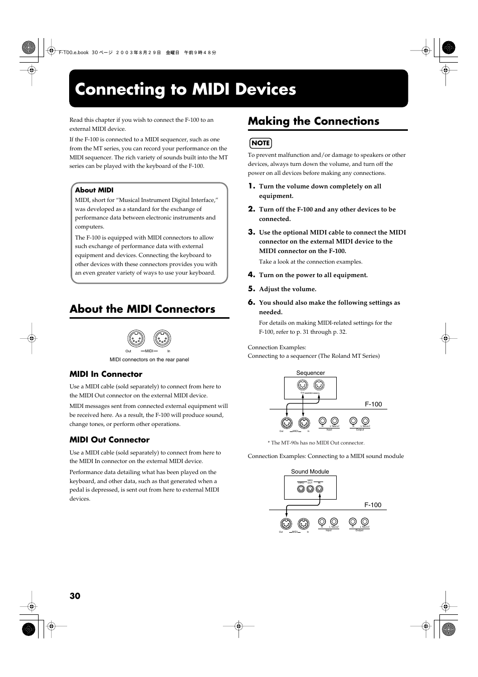 Connecting to midi devices, About the midi connectors, Making the connections | Midi in connector, Midi out connector | Roland F-100 User Manual | Page 30 / 44