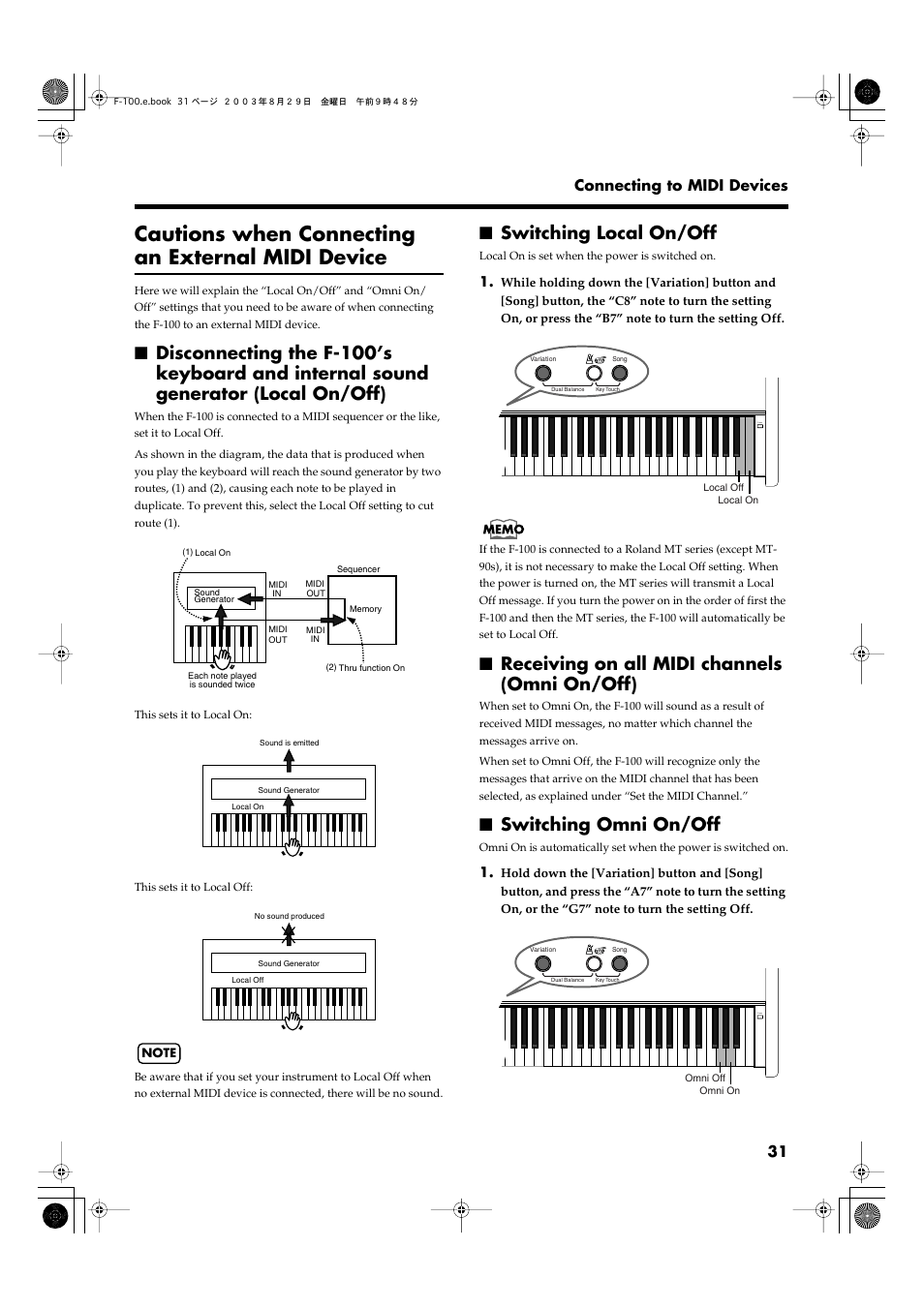 Cautions when connecting an external midi device, Switching local on/off, Receiving on all midi channels (omni on/off) | Switching omni on/off, 31 connecting to midi devices | Roland F-100 User Manual | Page 31 / 44