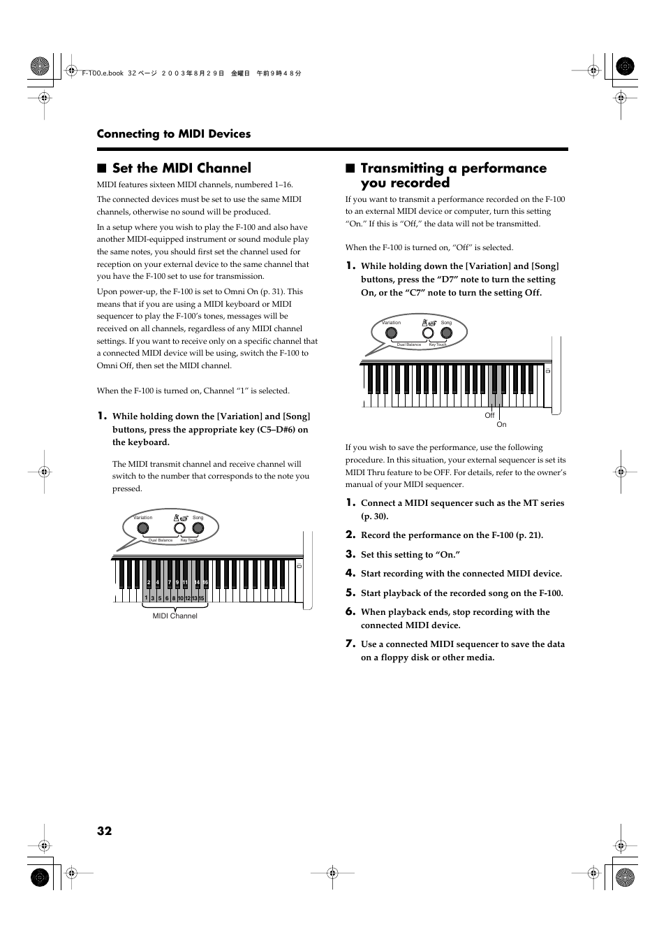 Set the midi channel, Transmitting a performance you recorded, Performance data on a floppy disk (p. 32) | Roland F-100 User Manual | Page 32 / 44