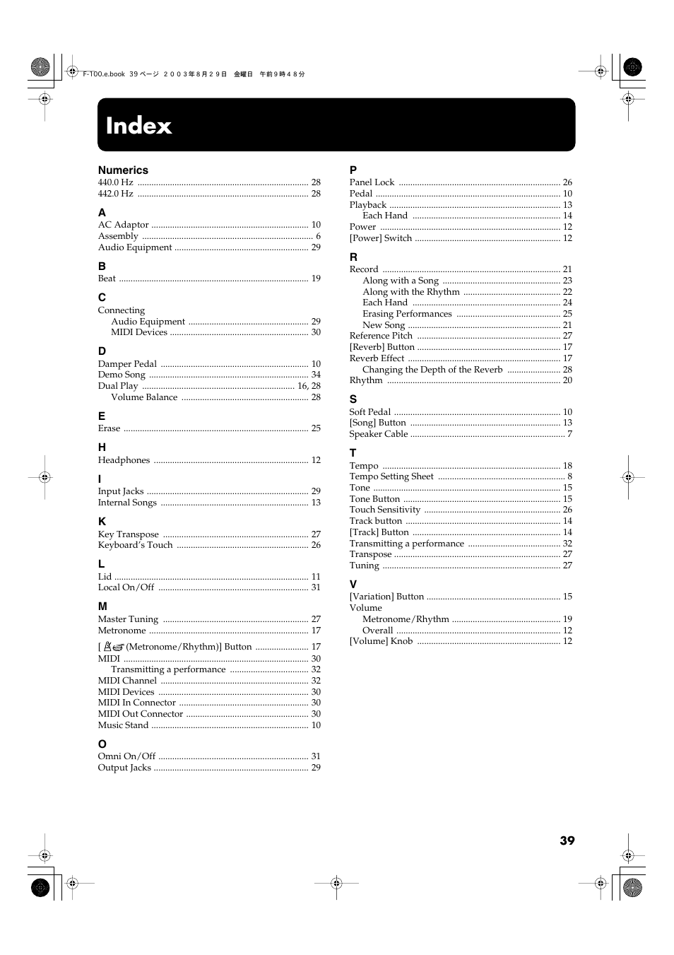 Index | Roland F-100 User Manual | Page 39 / 44