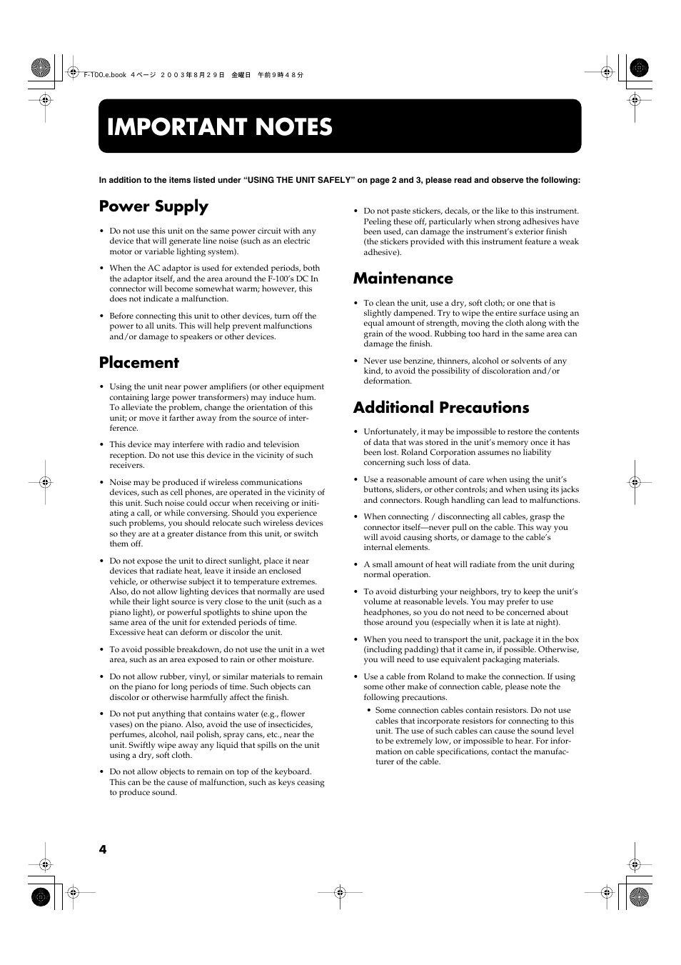 Important notes, Power supply, Placement | Maintenance, Additional precautions | Roland F-100 User Manual | Page 4 / 44