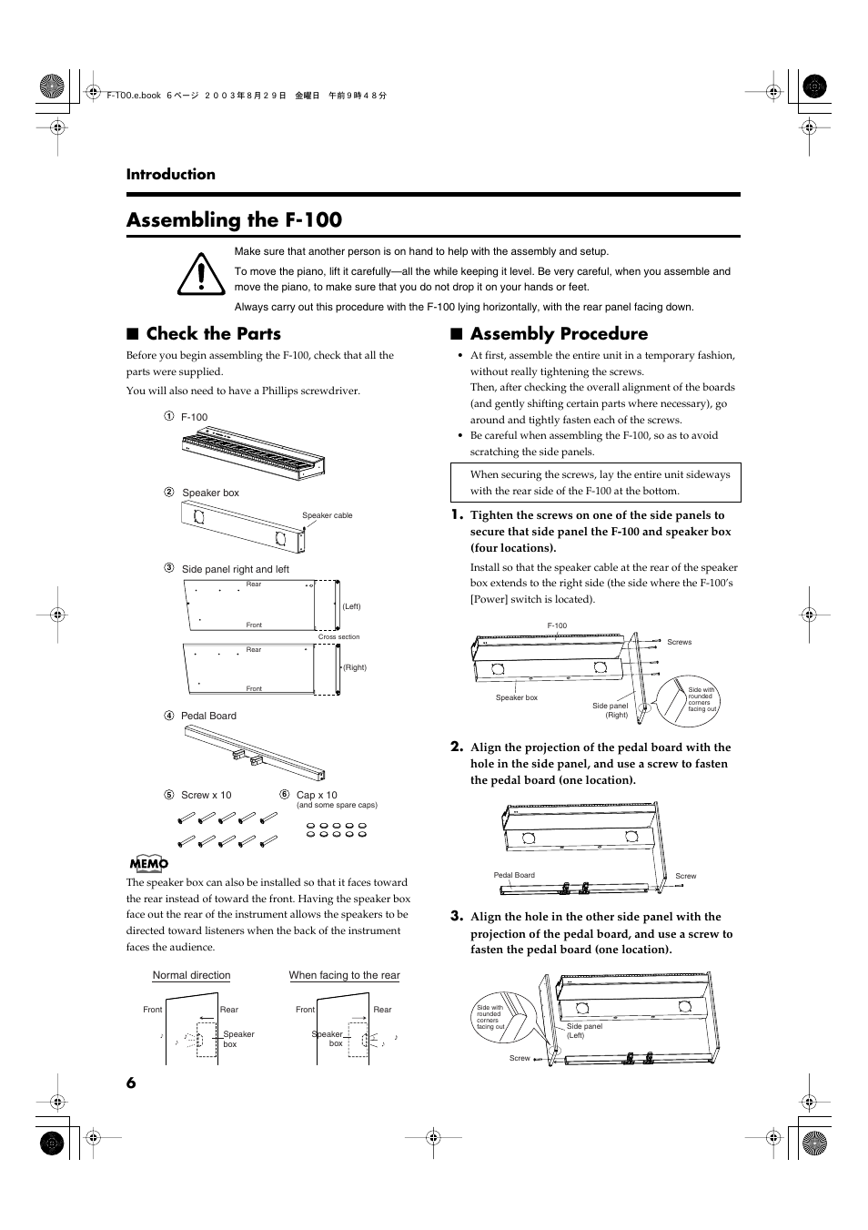 Assembling the f-100, Check the parts, Assembly procedure | 6 introduction | Roland F-100 User Manual | Page 6 / 44