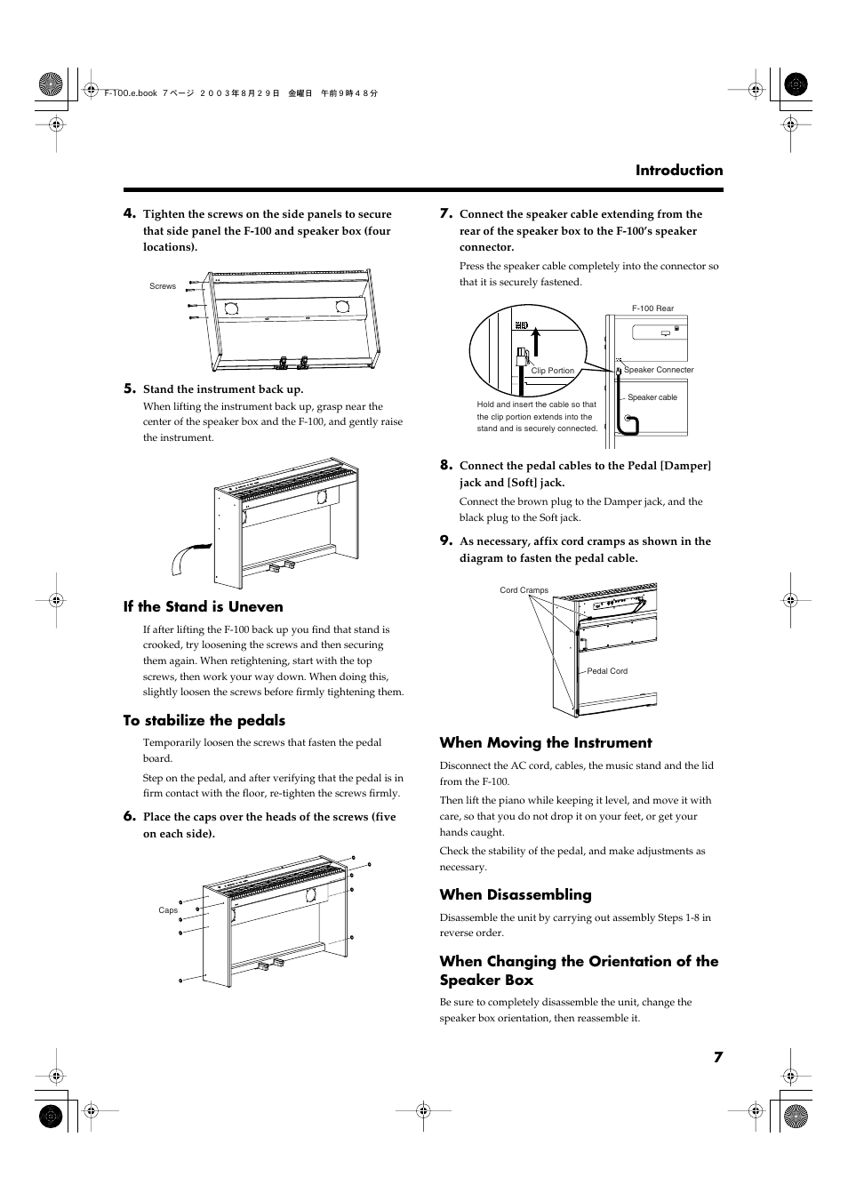 7 introduction, If the stand is uneven, When moving the instrument | When disassembling, When changing the orientation of the speaker box | Roland F-100 User Manual | Page 7 / 44