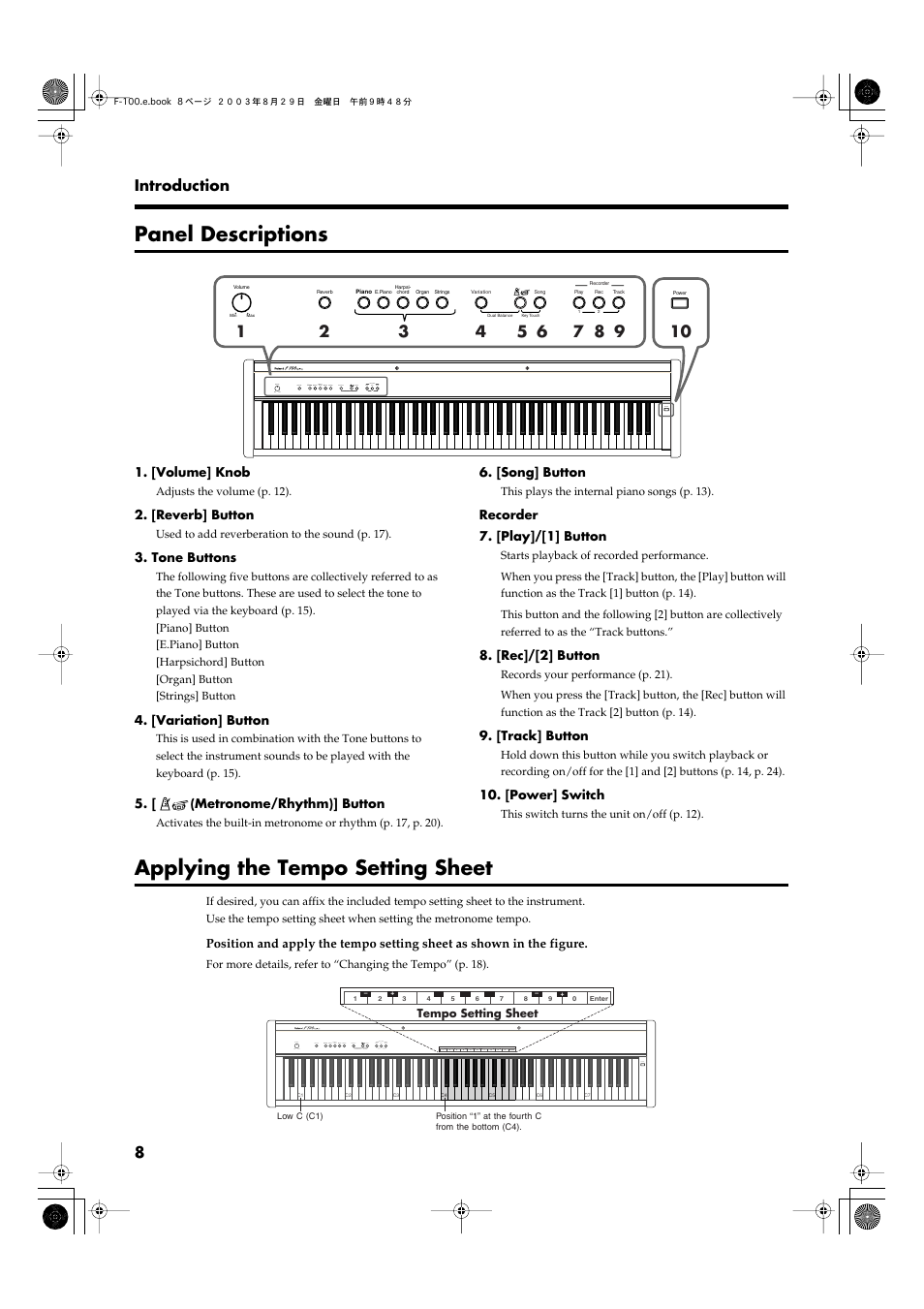 Panel descriptions, Applying the tempo setting sheet, 8 introduction | Roland F-100 User Manual | Page 8 / 44