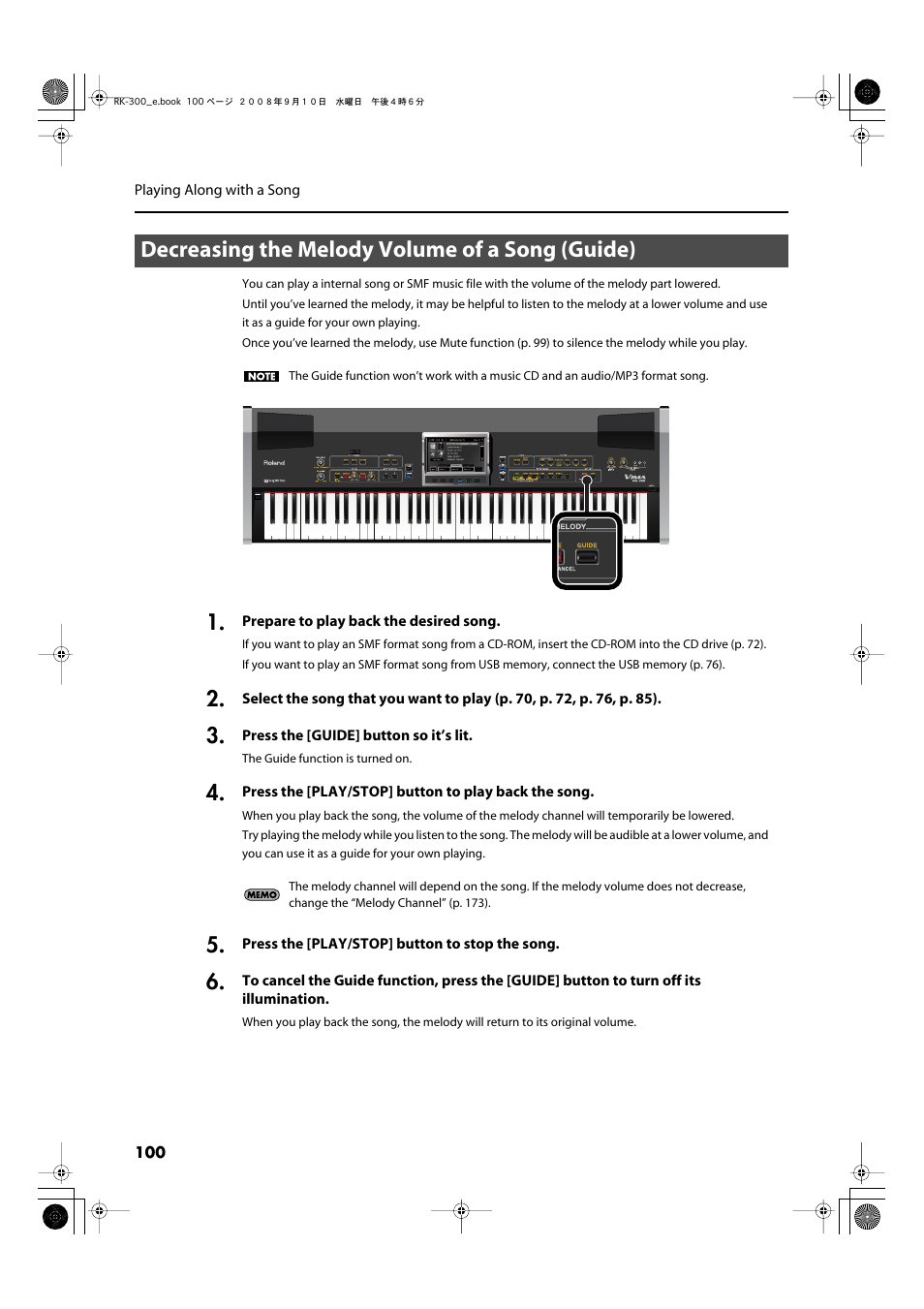 Decreasing the melody volume of a song (guide) | Roland RK-300 User Manual | Page 100 / 228