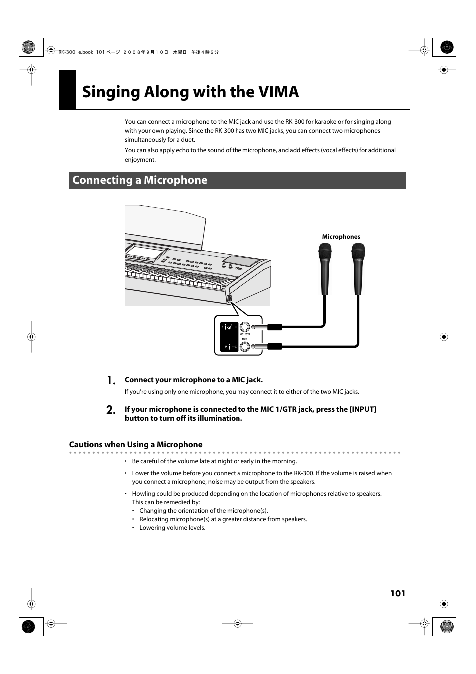 Singing along with the vima, Connecting a microphone, P. 101 | People can sing together (p. 101) | Roland RK-300 User Manual | Page 101 / 228