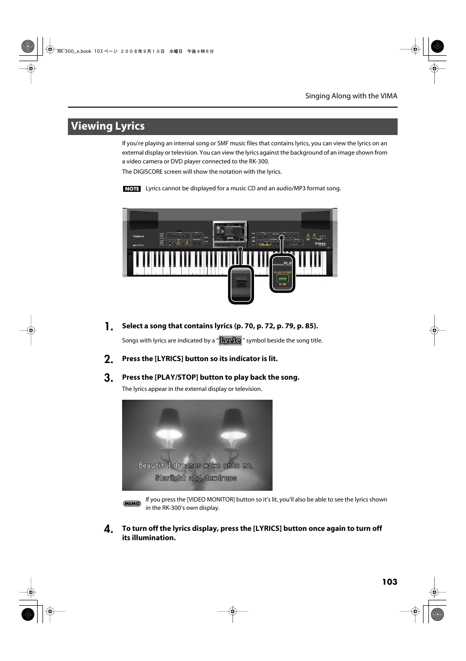 Viewing lyrics, Press this button to view lyrics (p. 103) | Roland RK-300 User Manual | Page 103 / 228