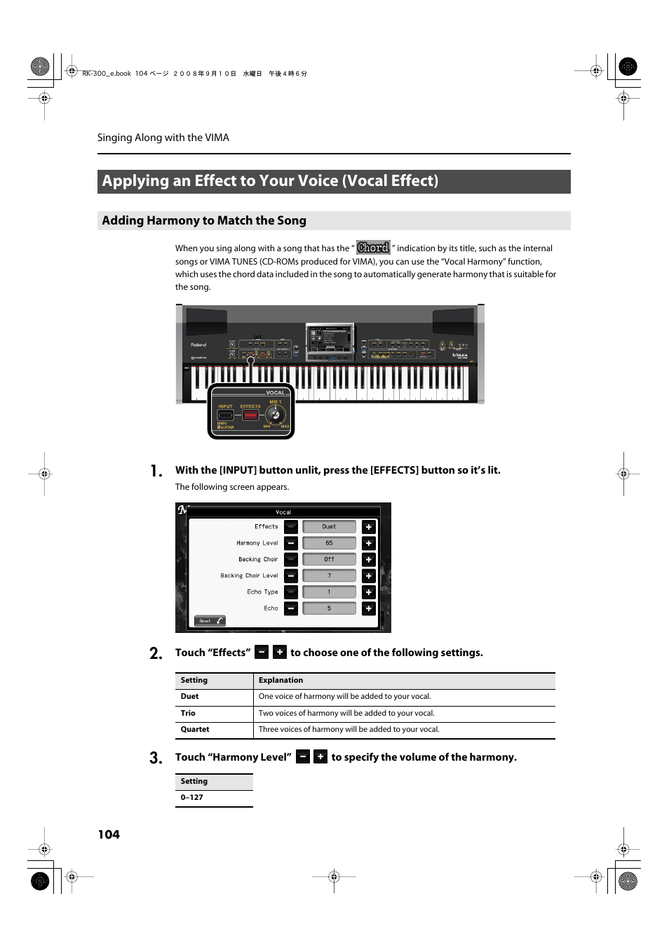 Applying an effect to your voice (vocal effect), Adding harmony to match the song | Roland RK-300 User Manual | Page 104 / 228