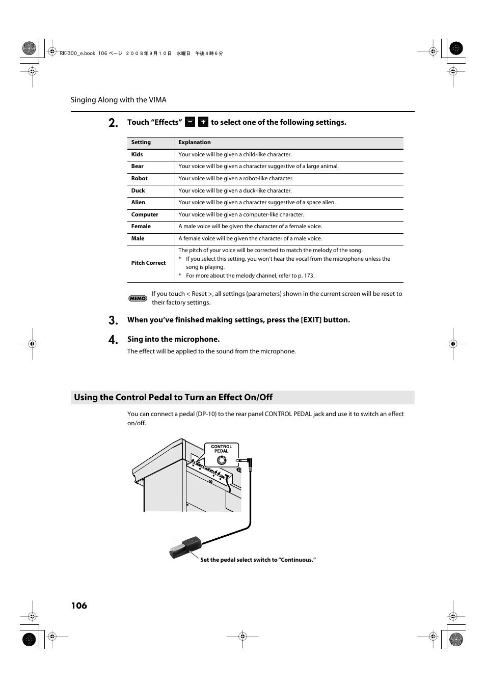 Using the control pedal to turn an effect on/off | Roland RK-300 User Manual | Page 106 / 228