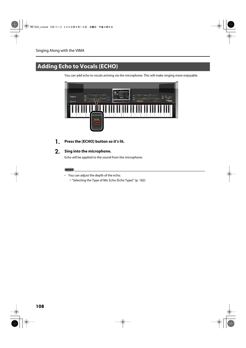 Adding echo to vocals (echo), Echo (p. 108) to the sound of the microphone | Roland RK-300 User Manual | Page 108 / 228