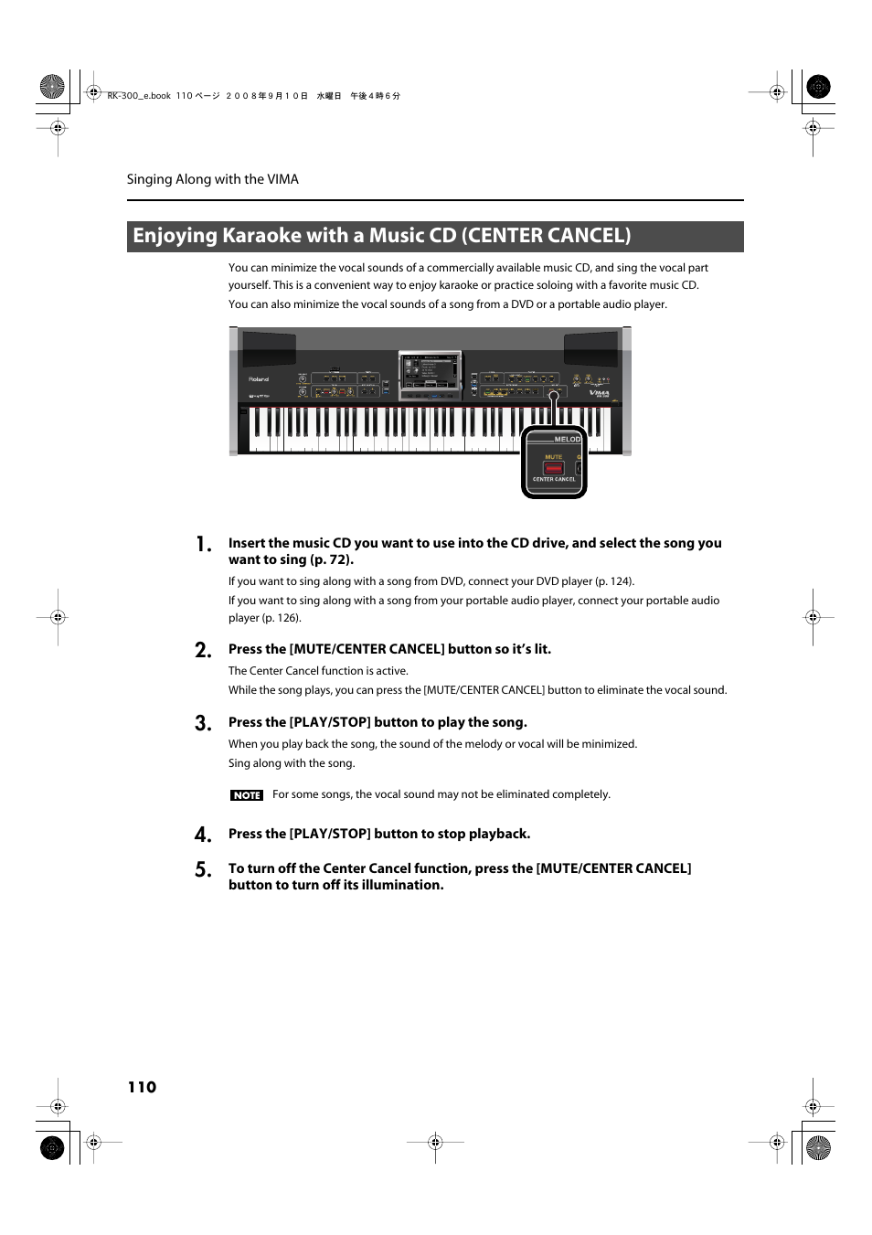 Enjoying karaoke with a music cd (center cancel), P. 110 | Roland RK-300 User Manual | Page 110 / 228