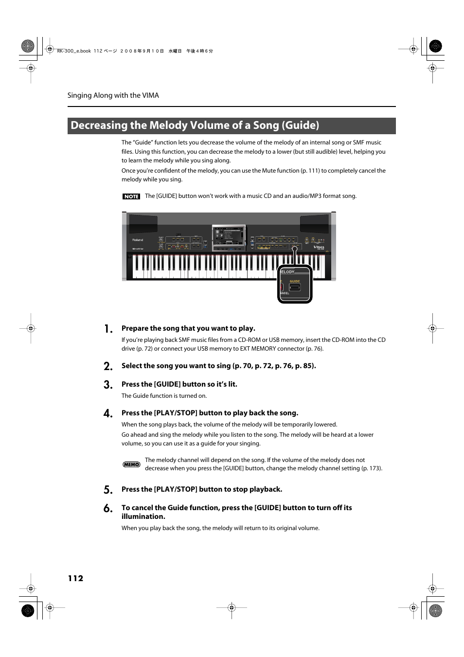 Decreasing the melody volume of a song (guide) | Roland RK-300 User Manual | Page 112 / 228