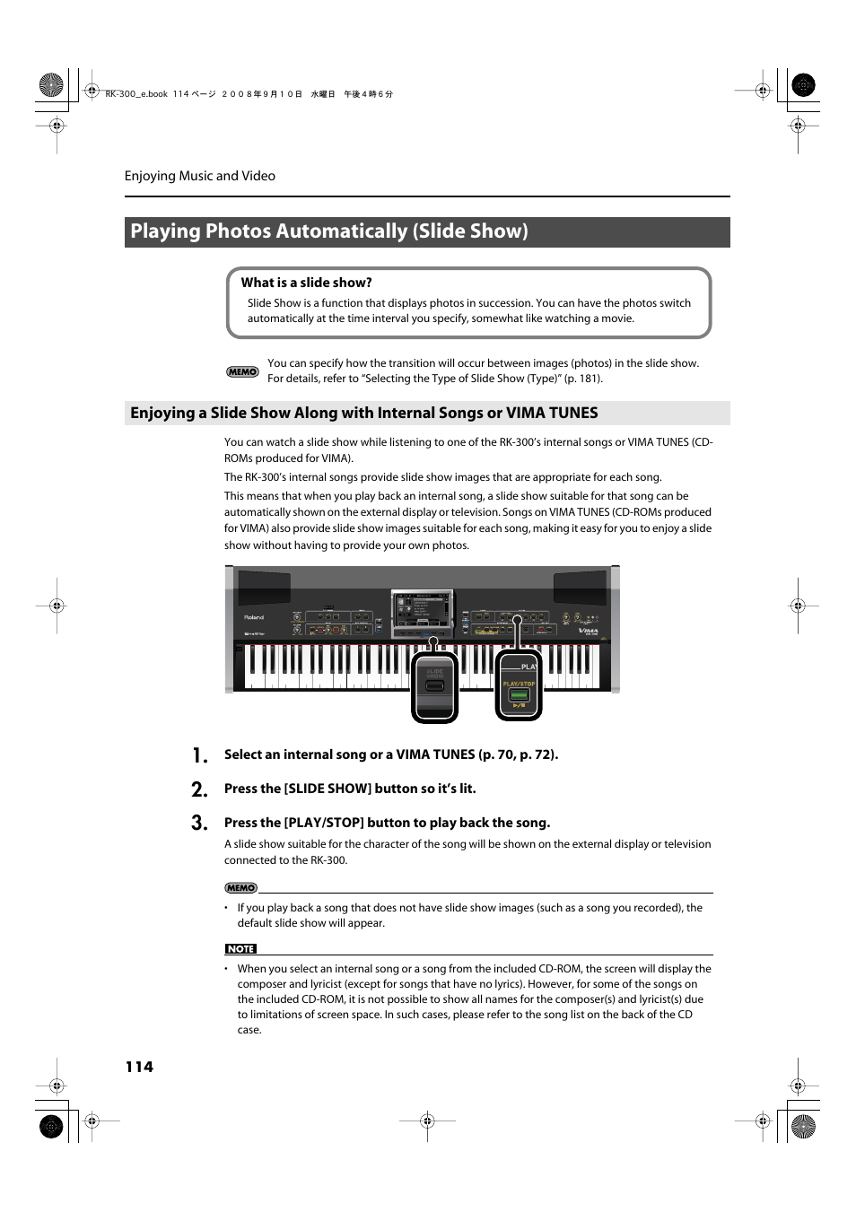 Playing photos automatically (slide show), P. 114 | Roland RK-300 User Manual | Page 114 / 228