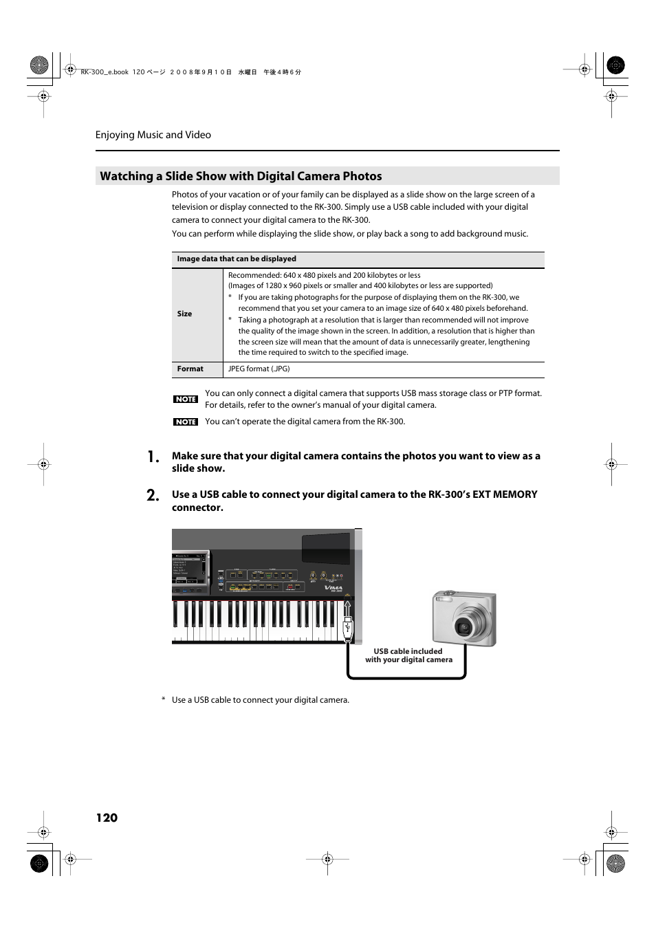 Watching a slide show with digital camera photos, P. 120, P. 120, p. 122) | Roland RK-300 User Manual | Page 120 / 228