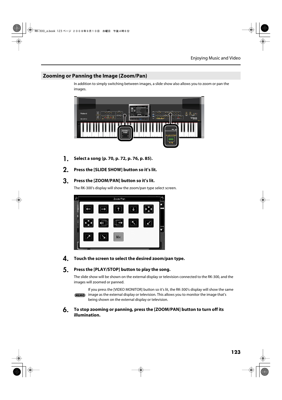 Zooming or panning the image (zoom/pan), P. 123), P. 123 | Roland RK-300 User Manual | Page 123 / 228