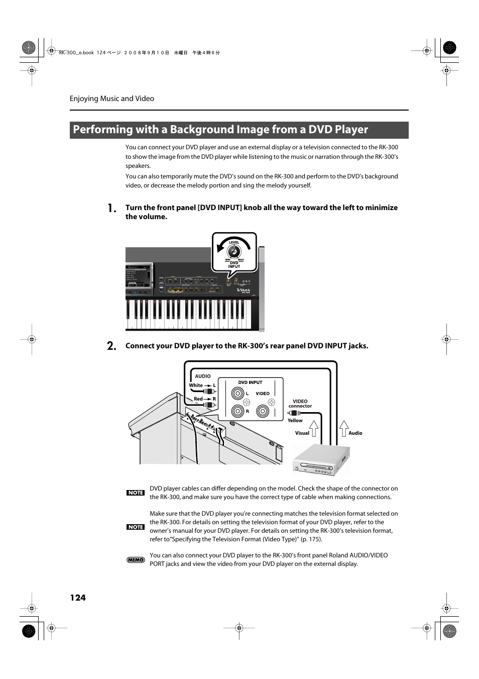 P. 124, Connected to the dvd input jack (p. 124), Player (p. 124) | Roland RK-300 User Manual | Page 124 / 228