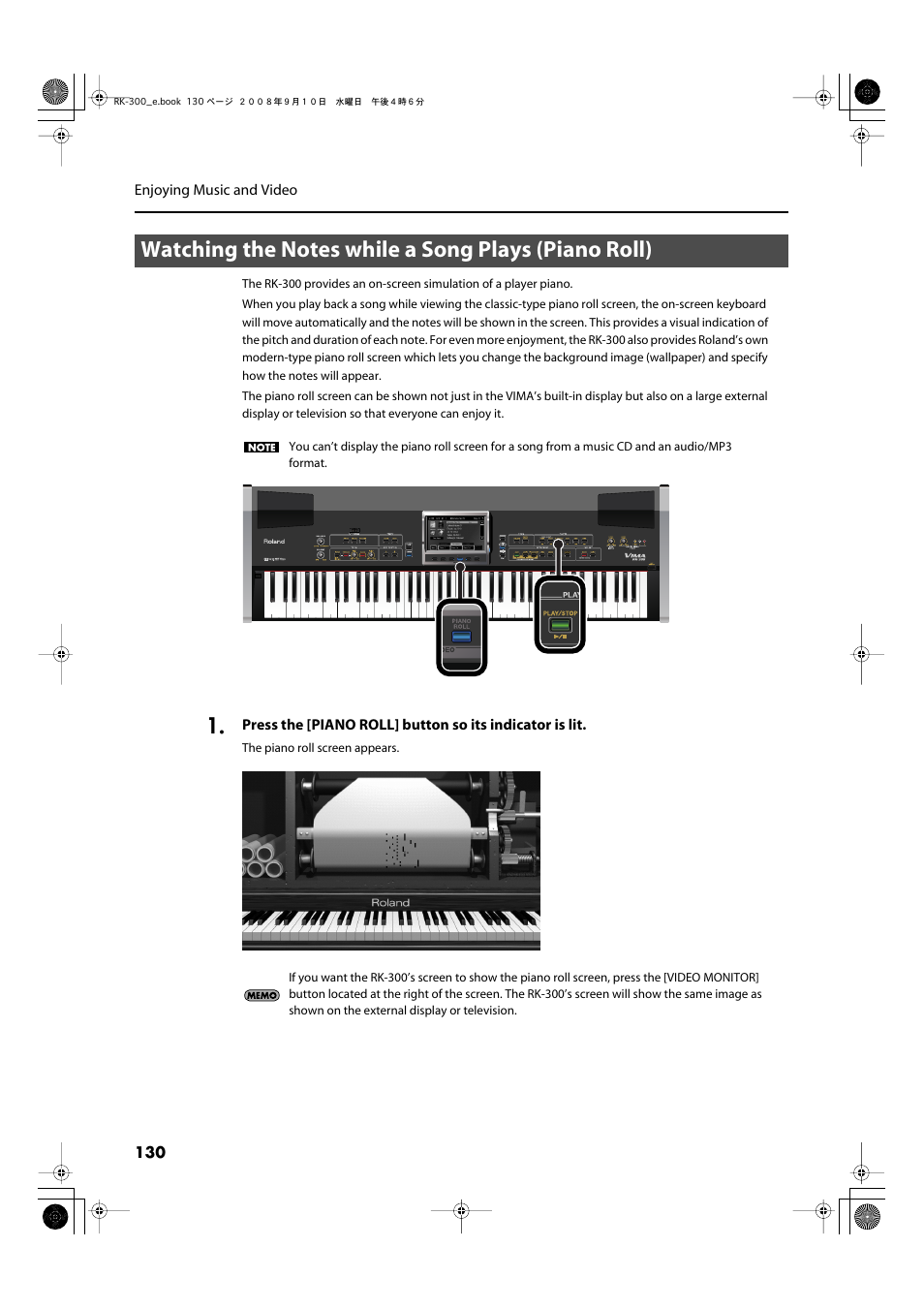 Watching the notes while a song plays (piano roll), P. 130 | Roland RK-300 User Manual | Page 130 / 228