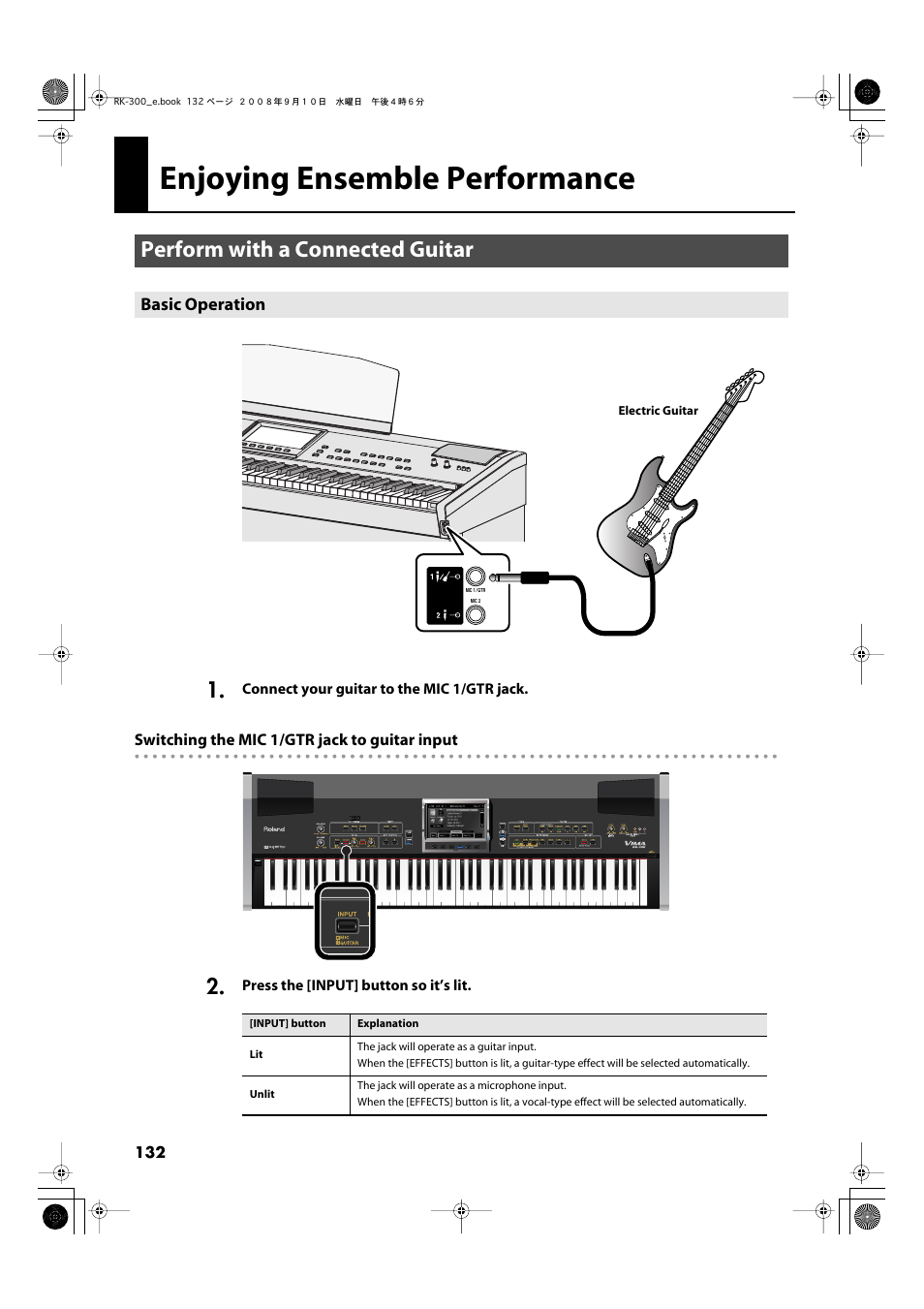 Enjoying ensemble performance, Perform with a connected guitar, Basic operation | Jack (p. 132) | Roland RK-300 User Manual | Page 132 / 228