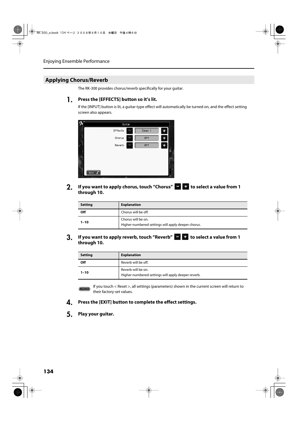 Applying chorus/reverb | Roland RK-300 User Manual | Page 134 / 228