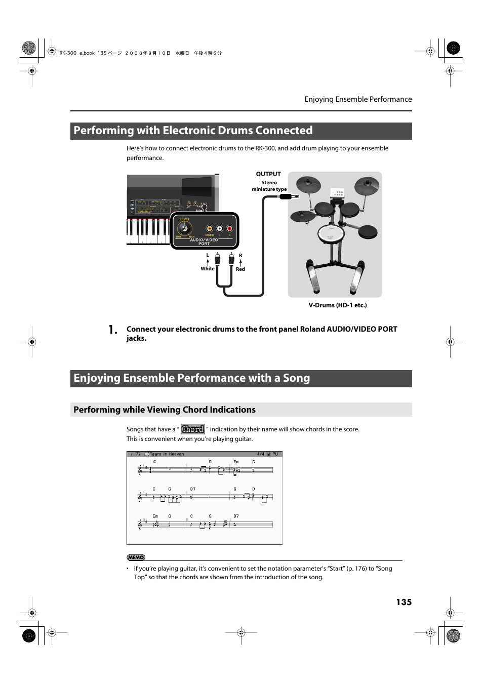 Performing with electronic drums connected, Enjoying ensemble performance with a song, Performing while viewing chord indications | Roland RK-300 User Manual | Page 135 / 228