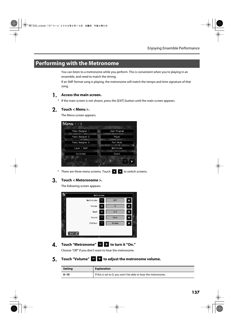 Performing with the metronome | Roland RK-300 User Manual | Page 137 / 228