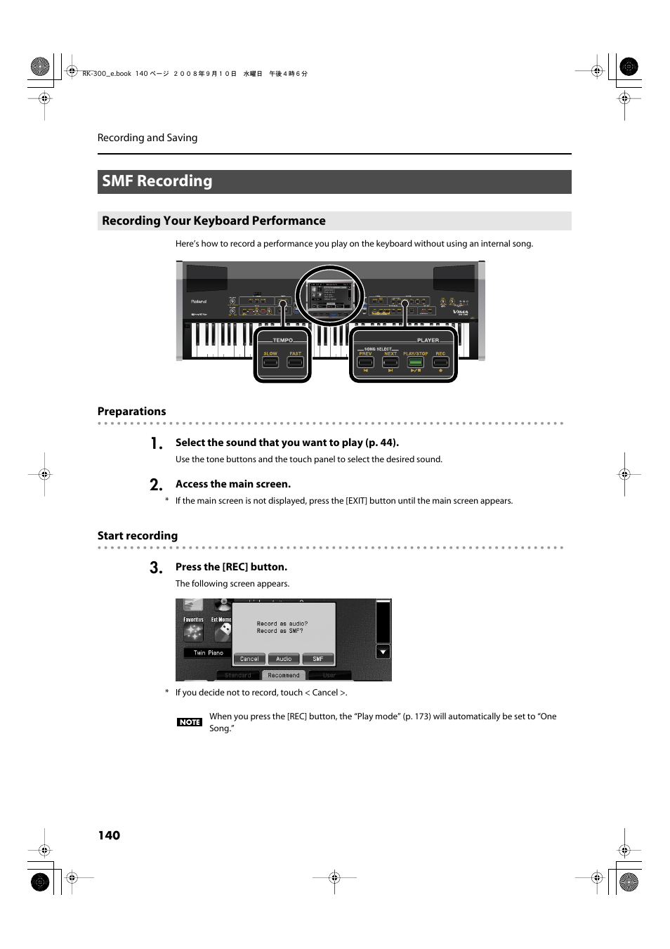 Smf recording, Recording your keyboard performance, Recorded (p. 140) | Roland RK-300 User Manual | Page 140 / 228