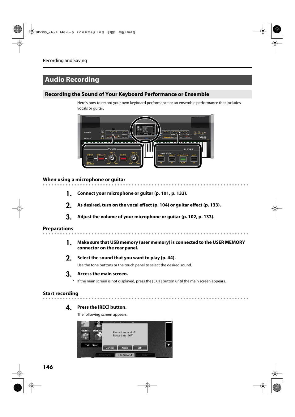 Audio recording, P. 82 | Roland RK-300 User Manual | Page 146 / 228