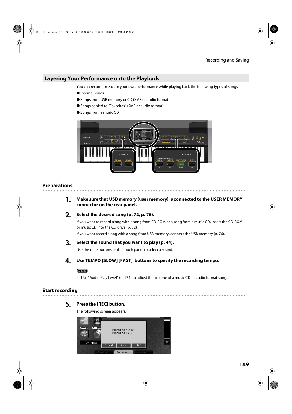 Layering your performance onto the playback | Roland RK-300 User Manual | Page 149 / 228