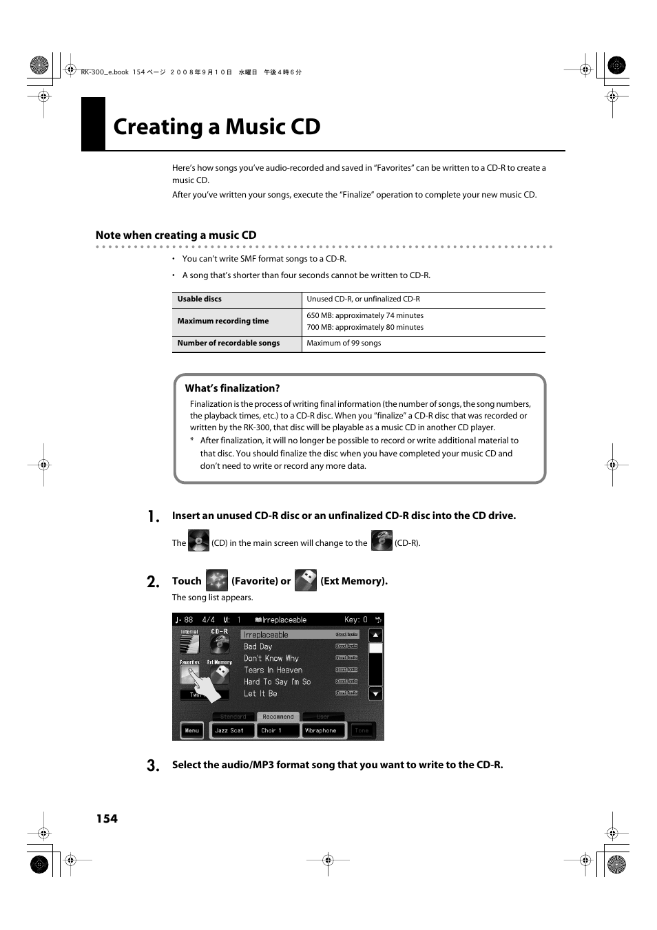 Creating a music cd, P. 154 | Roland RK-300 User Manual | Page 154 / 228