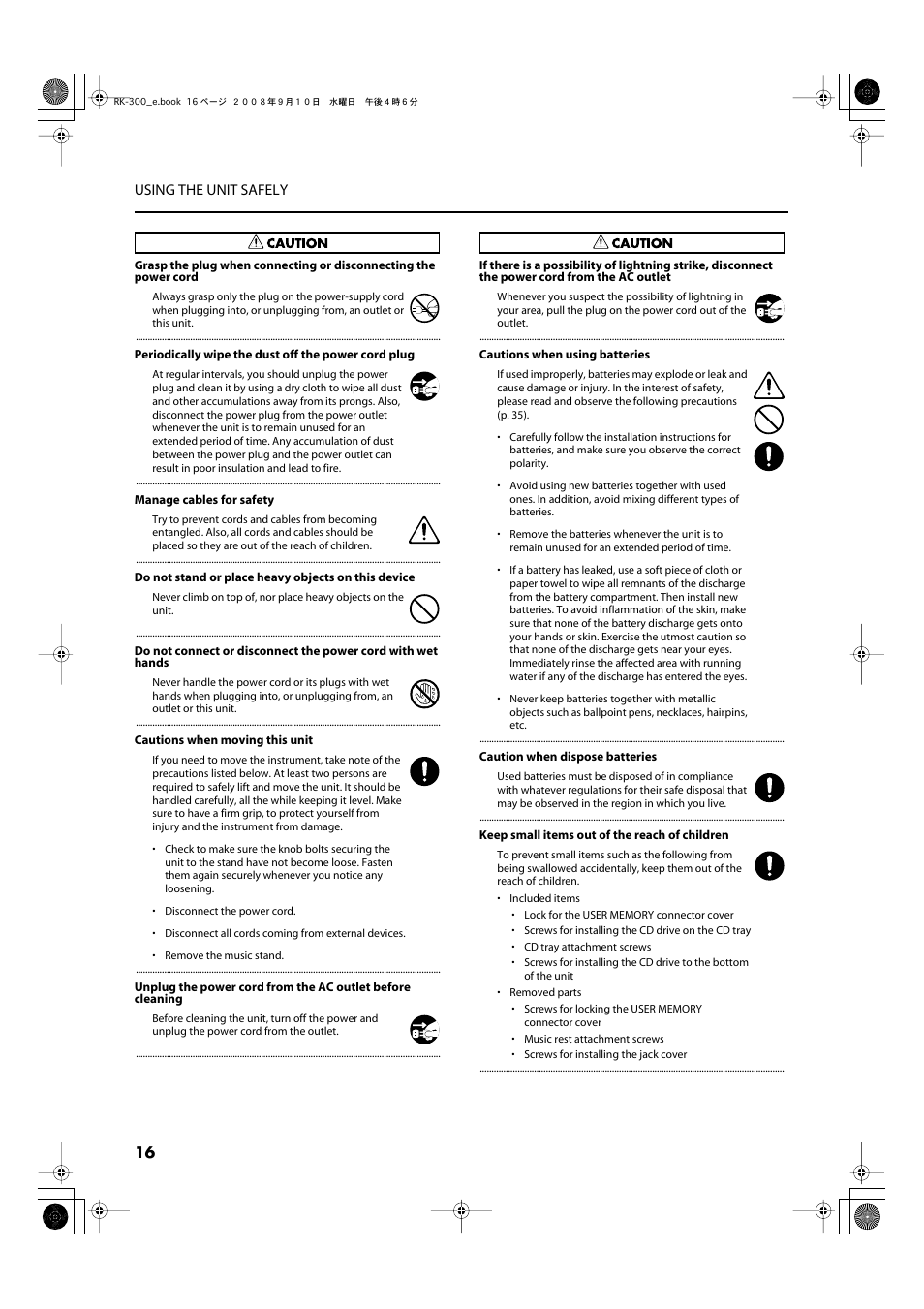 16 using the unit safely | Roland RK-300 User Manual | Page 16 / 228