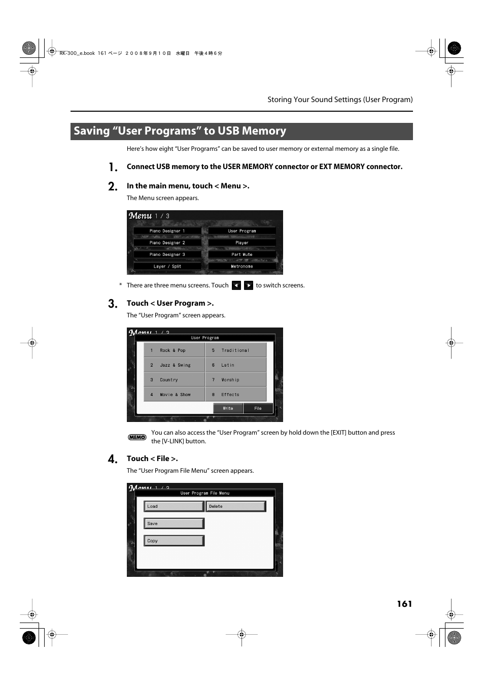 Saving “user programs” to usb memory | Roland RK-300 User Manual | Page 161 / 228