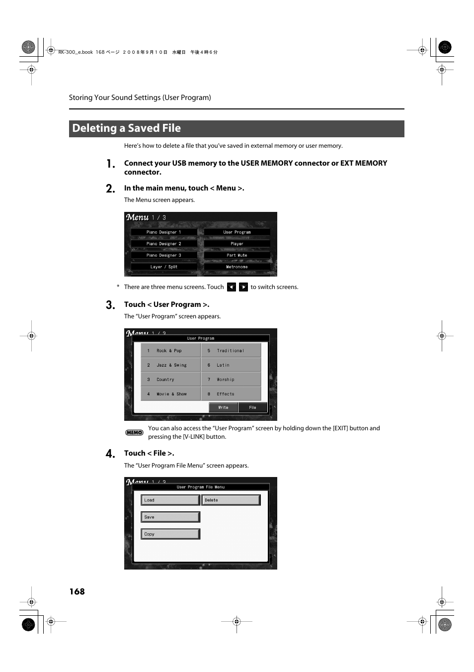 Deleting a saved file | Roland RK-300 User Manual | Page 168 / 228