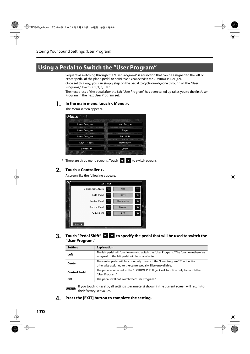 Using a pedal to switch the “user program | Roland RK-300 User Manual | Page 170 / 228