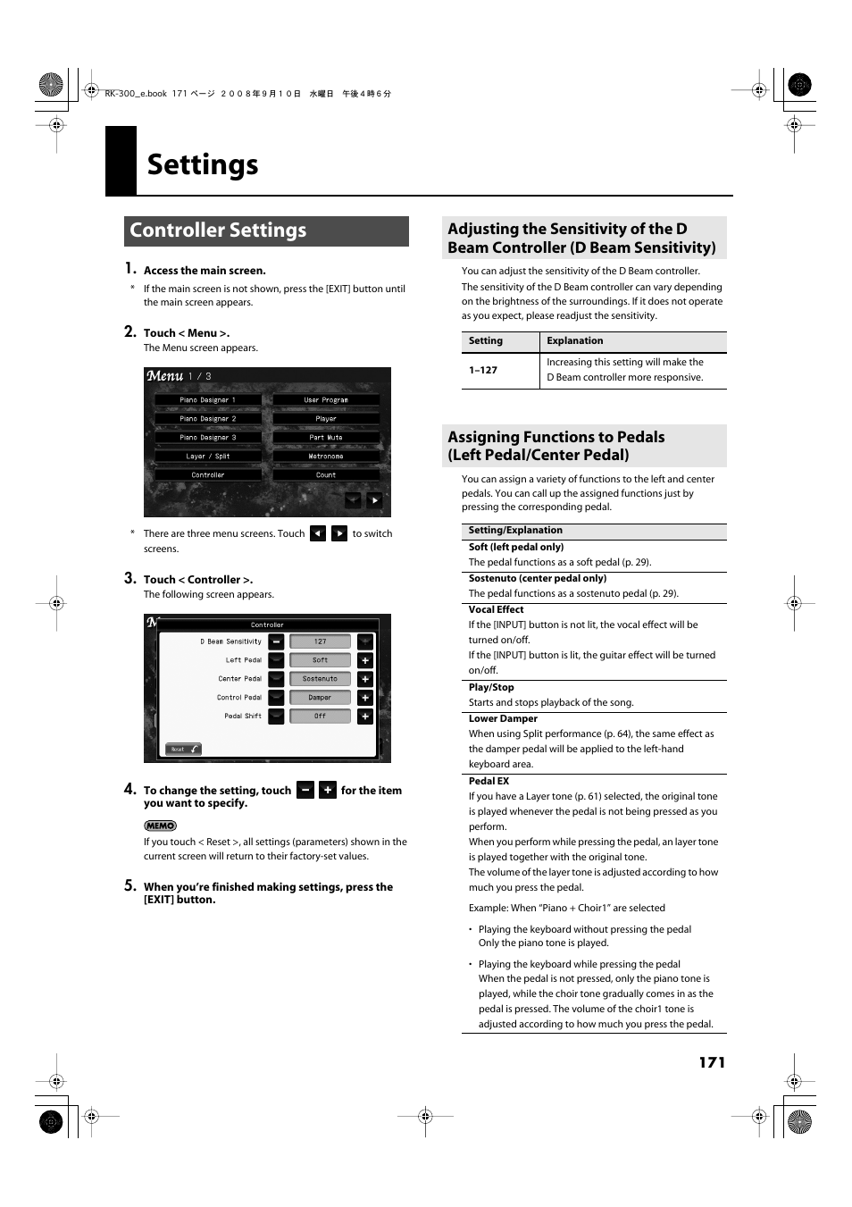 Settings, Controller settings | Roland RK-300 User Manual | Page 171 / 228