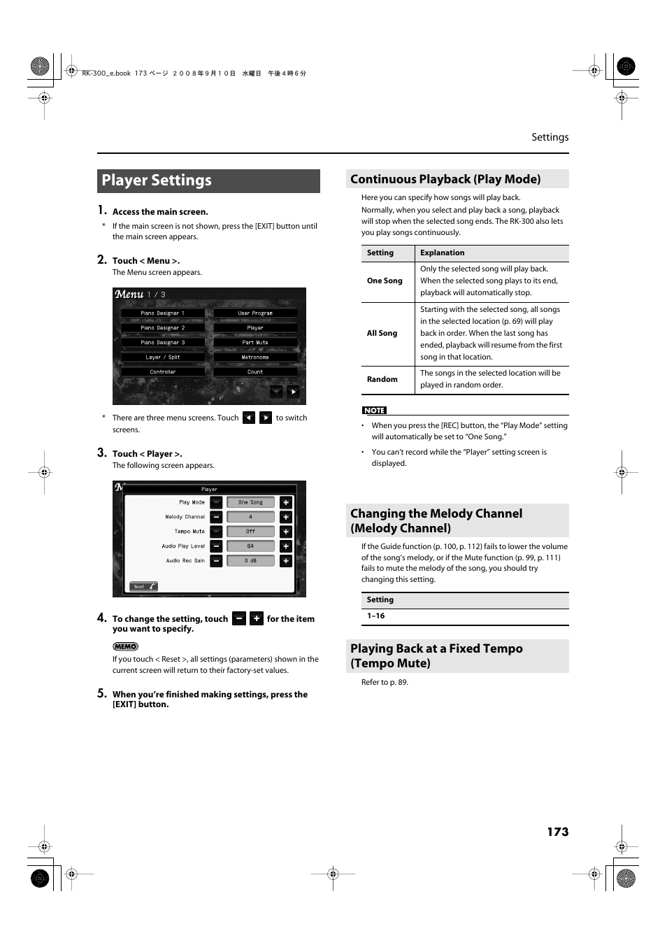 Player settings, Continuous playback (play mode), Changing the melody channel (melody channel) | Playing back at a fixed tempo (tempo mute), Change the “melody channel” (p. 173) | Roland RK-300 User Manual | Page 173 / 228