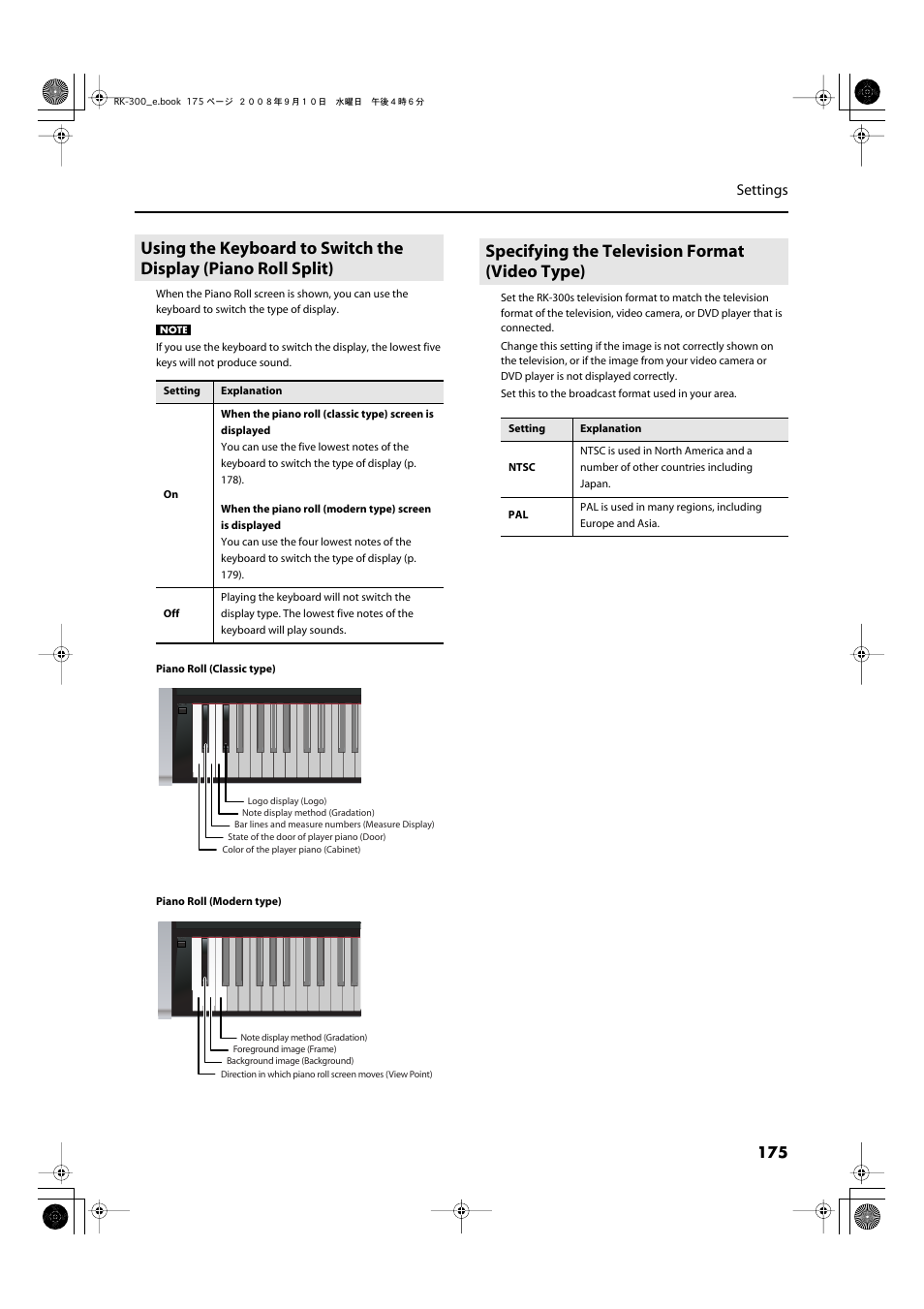 Specifying the television format (video type), P. 175), 175 settings | Roland RK-300 User Manual | Page 175 / 228