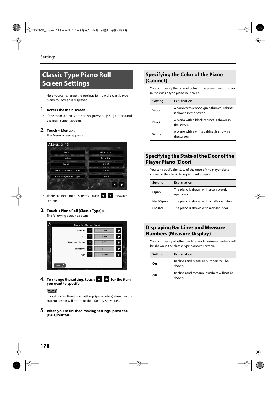 Classic type piano roll screen settings, Specifying the color of the piano (cabinet), Keyboard to switch the type of display (p | Roland RK-300 User Manual | Page 178 / 228