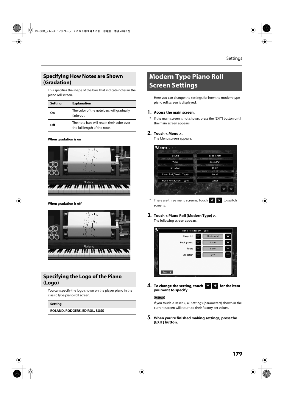 Specifying how notes are shown (gradation), Specifying the logo of the piano (logo), Modern type piano roll screen settings | Keyboard to switch the type of display (p | Roland RK-300 User Manual | Page 179 / 228